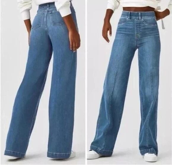 SPANX Denim - NEW $168 SPANX SMALL Seamed Front Wide Leg Denim Vintage Indigo Pull-on Jeans 32